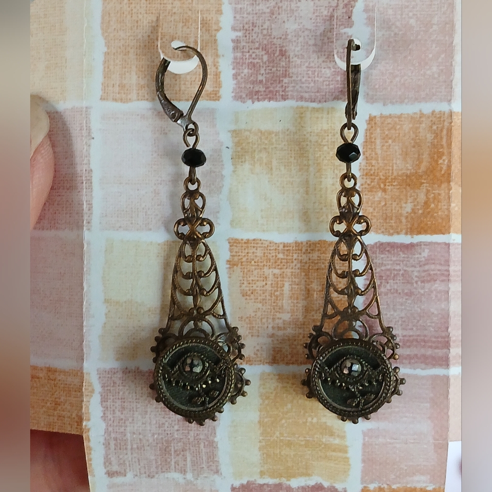 Antique Picture Button Earrings, Brass Picture Oxidized Brass, Victorian Boho